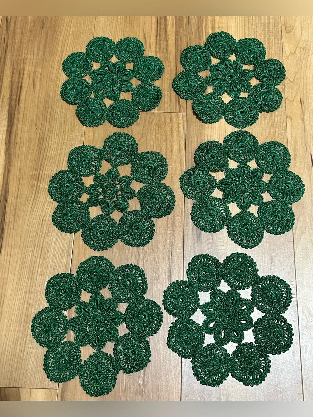 Set of 6 Green Crochet Floral Doilies Small Table Mats